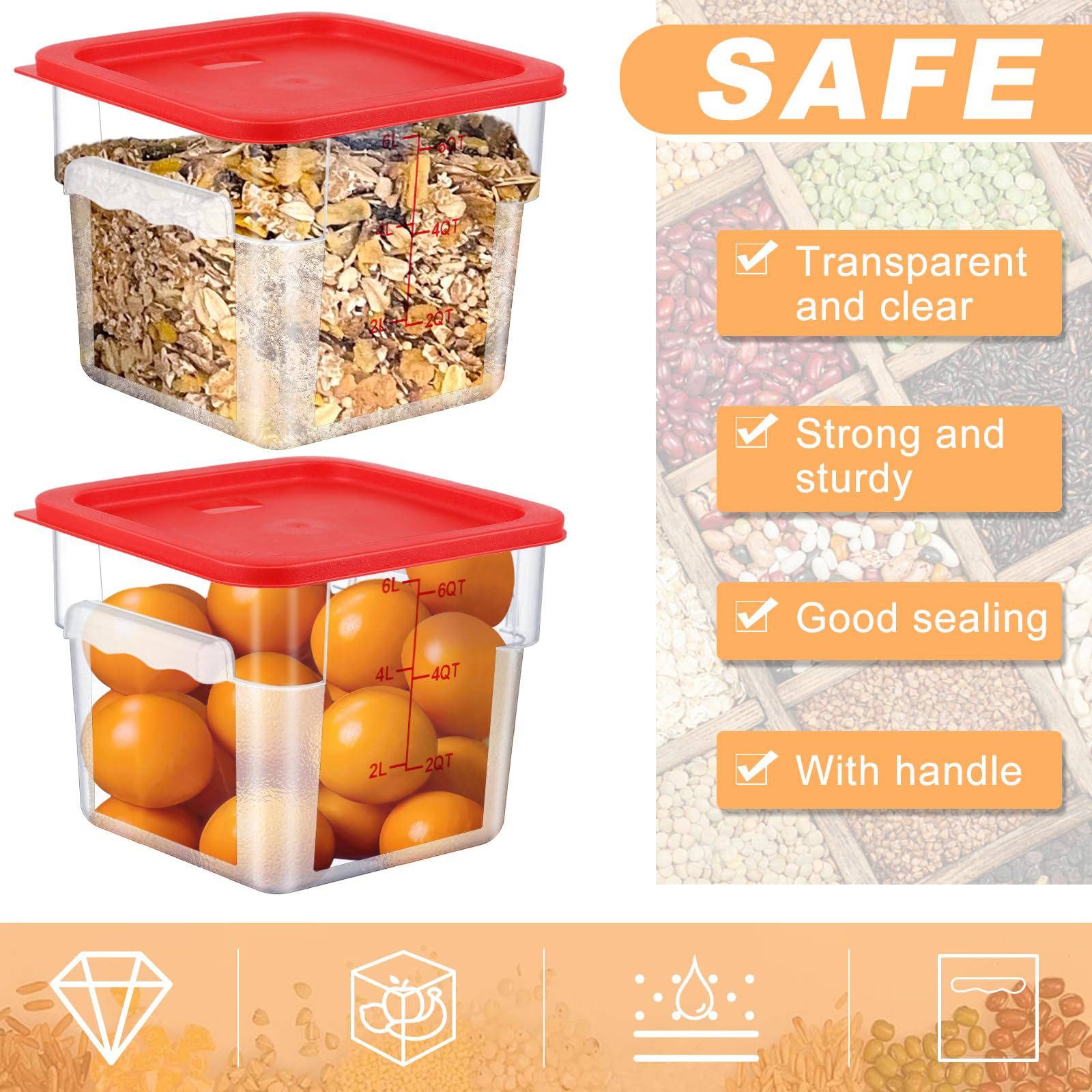 Ziliny 3 Sets 6 Qt Square Food Storage Containers with Lids Dough Proofing Bucket Commercial Polycarbonate Containers with Scale Clear Airtight Cereal for Pantry Home Restaurant (Red)
