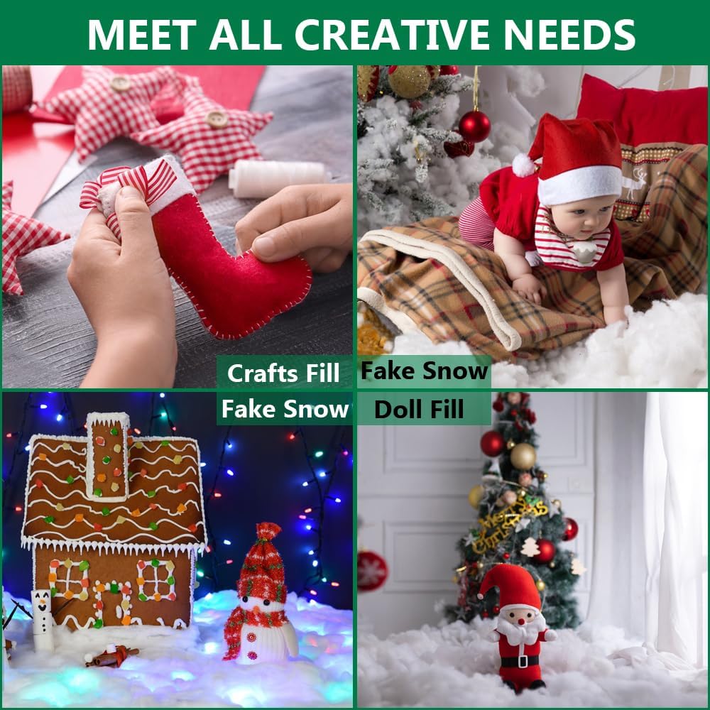Skiennix Christmas Fake Snow Decor - 1LB Hypoallergenic & Flame-Resistant Artificial Snow Cotton | Easy Fluffing for Holiday Displays