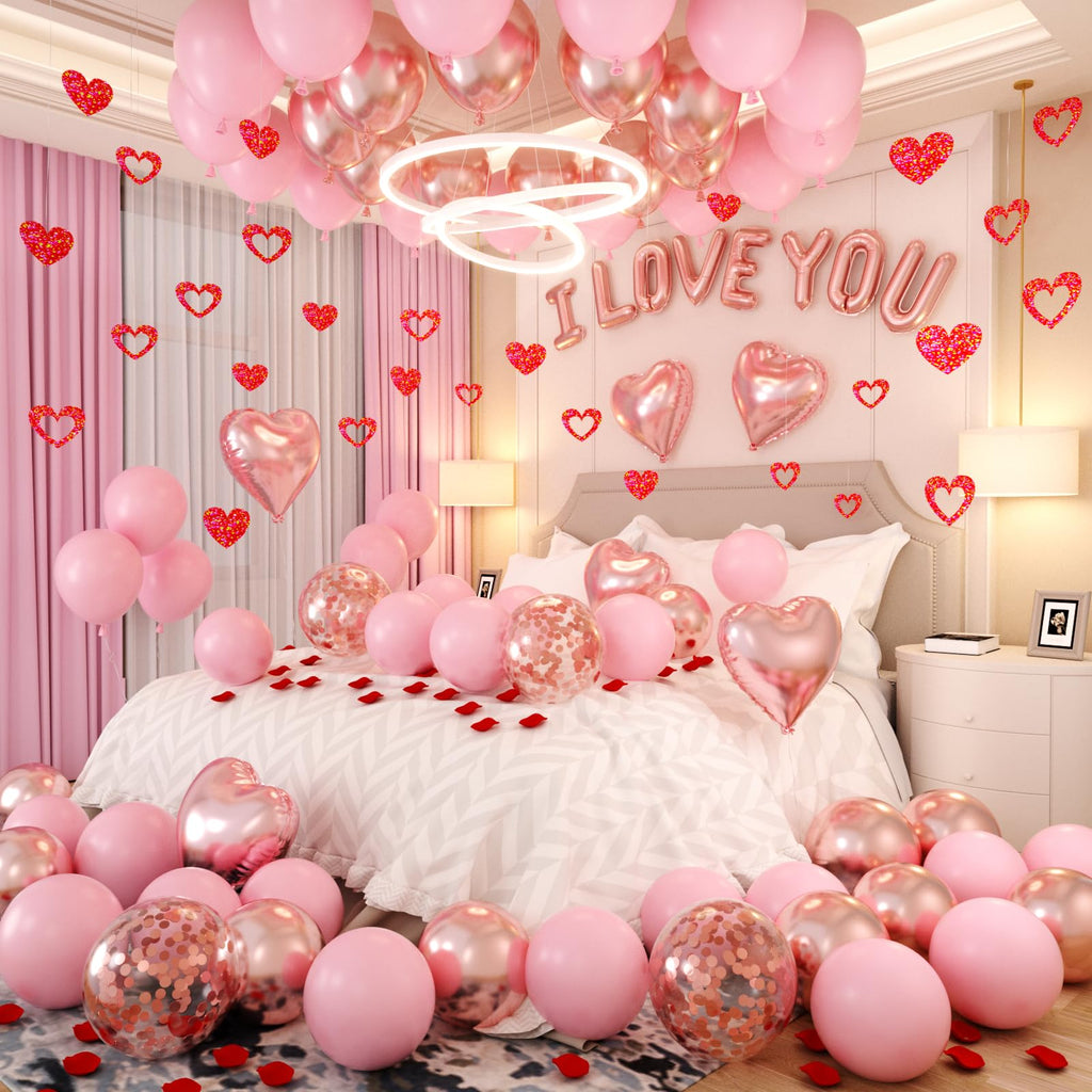Valentines Day Decorations Set, Valentines Day Balloon Kit with Rose Gold Pink I LOVE YOU Balloons Rose Petals for Anniversary Mothers Day Wedding Romantic Decorations Special Night