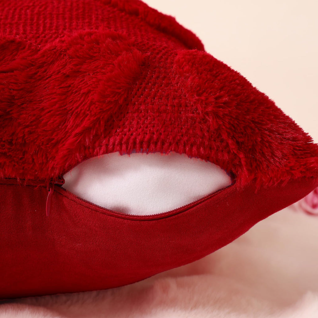 Valentines Day Red Heart Soft Plush Love Heart Pillow Covers Room Decor Cute Faux Fur Soft Preppy Stuff Gift Fluffy Plush Pillow Covers For Bed Sofa Couch (18 X 18 Inch,Red)