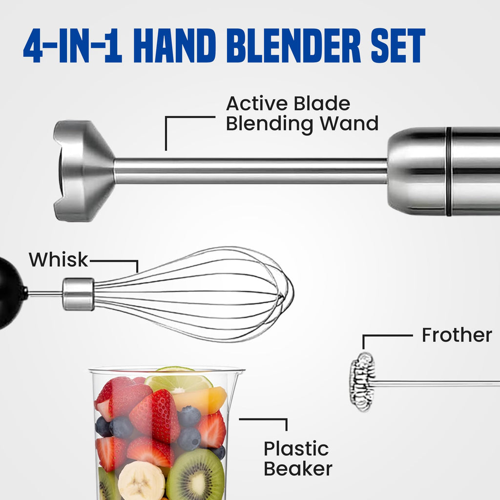 TEGH Immersion Blender Handheld, 8-Speed 4-in-1 Stainless Steel Hand Blender Stick | Electric Hand Mixer & Food Processor | Corded Emulsion Blender for Smoothies, Soups, Sauces & Baby Food