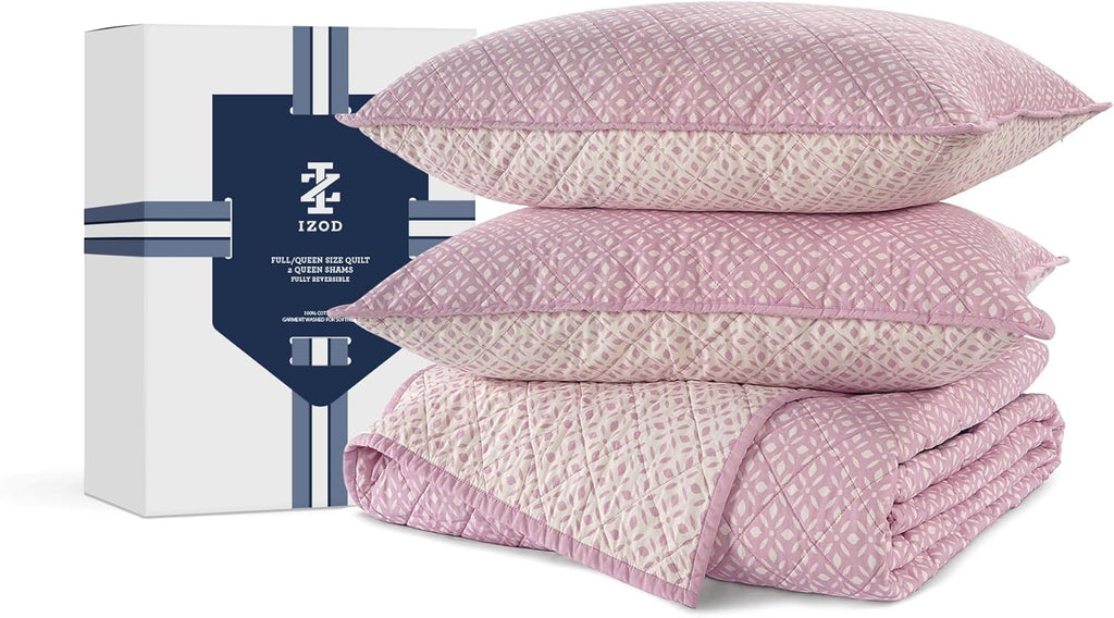 Izod 100% Cotton Percale Pre-Washed Quilt Set, Ultra-Soft & Reversible Bedding, Twin Cotton Comforter, Wrinkle-Resistant 2-Pc Cotton Bedspread with Matching Shams, All-Season Comfort - Pink Mosaic