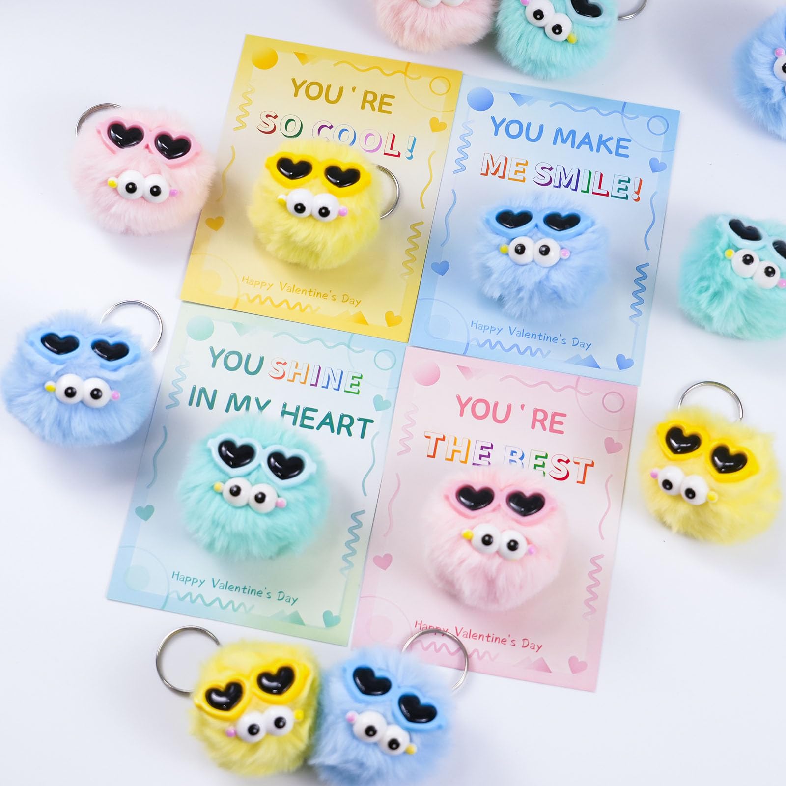 QYESQ Valentines Day Gifts for Kids - 24 Pack Cute Plush Toys Keychains, Valentines Day Cards for Kids Boys Girls Toddlers School Classroom Friends Exchange Party Favors