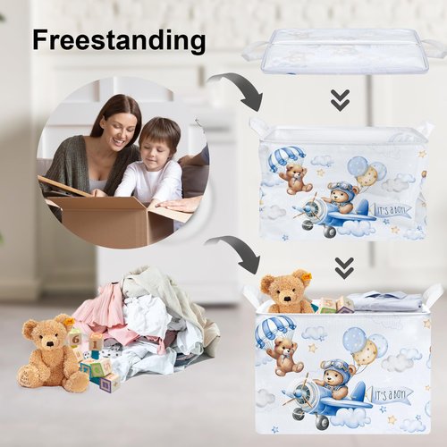 Clastyle 36L Large Blue Bear Pilot Hot Air Balloon Shelf Basket with Handle Collapsible Rectangle Toy Clothes Storage Basket for Kid Room Nursery, 40 * 30 * 30 cm
