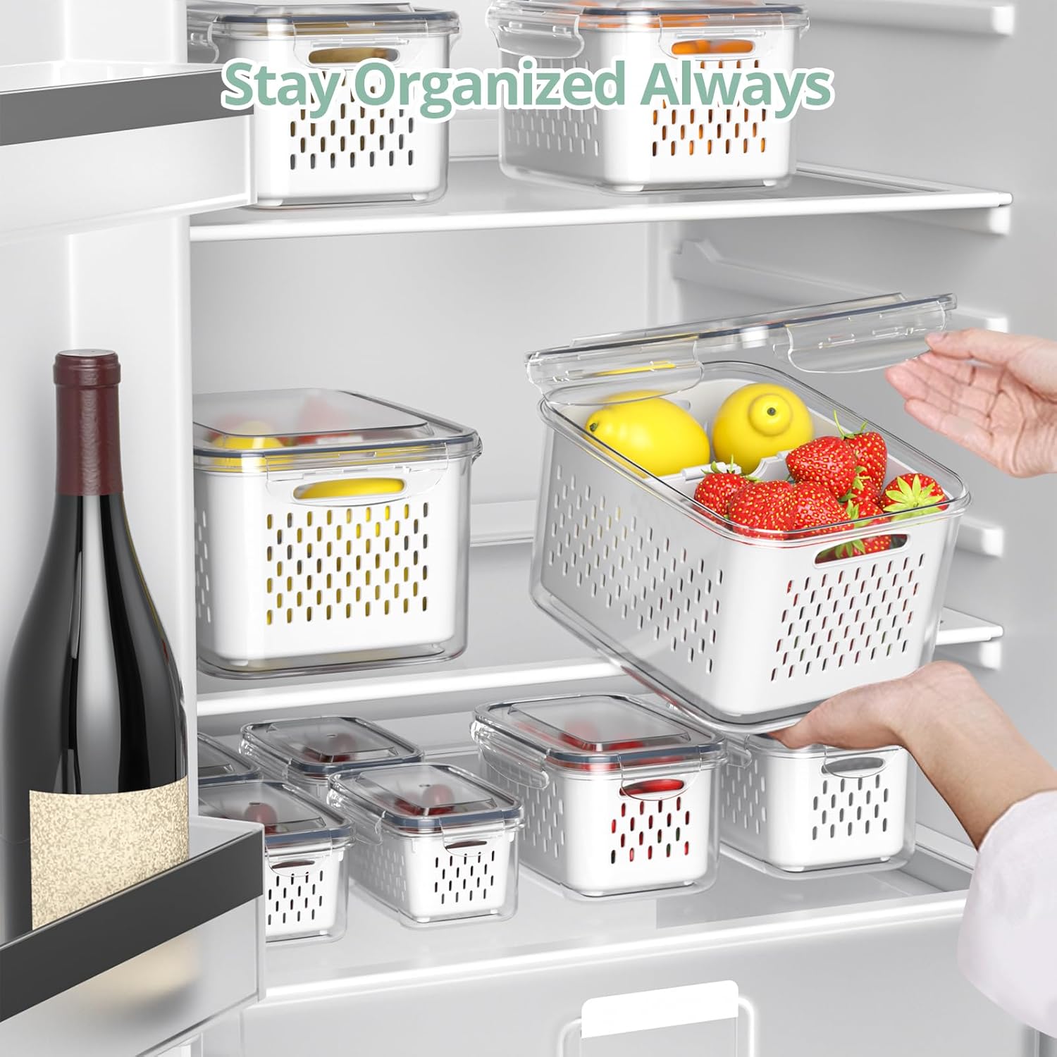 Skiennix Fruit Storage Containers - Airtight 8-Pack with Removable Colander & Divider Plate | Keep Berries Fresh