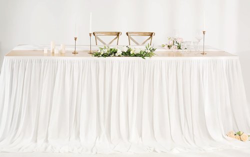 Mohoeey 14ft Extra Long White Chiffon Table Skirt with Pooling Tulle Tablecloth for Wedding, Birthday, and Cake Table Decorations