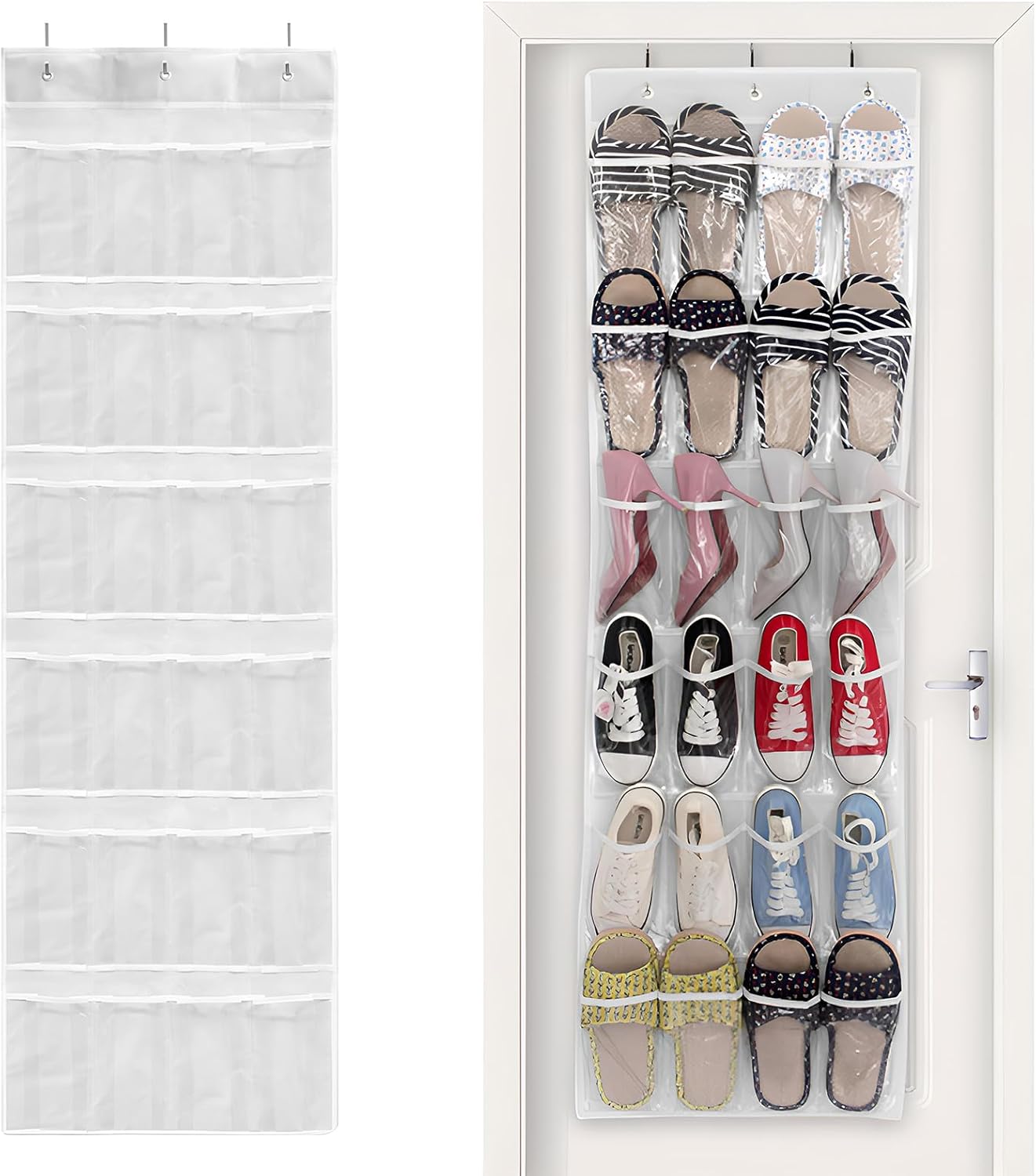 Skiennix 24-Pocket Over The Door Shoe Organizer - Large Hanging Rack with Mesh Pockets & 3 Hooks | White