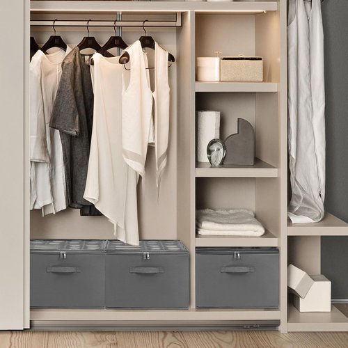 JeasEagn Fabric Shoe Organizer for Closet, Foldable Shoe Storage Bins with Clear Cover, Shoe Container with Adjustable Dividers, Fits up to 16 Pairs, Gray