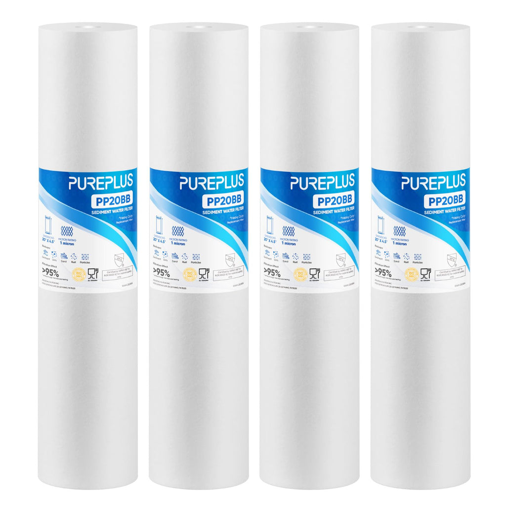 PUREPLUS 1 Micron 20" x 4.5" Whole House Sediment Home Water Filter Replacement Cartridge, Compatible with DGD-2501-20, AP810-2, P1-20BB, FP25B, FPMB-BB1-20, SDC-45-2001, 4 Pack