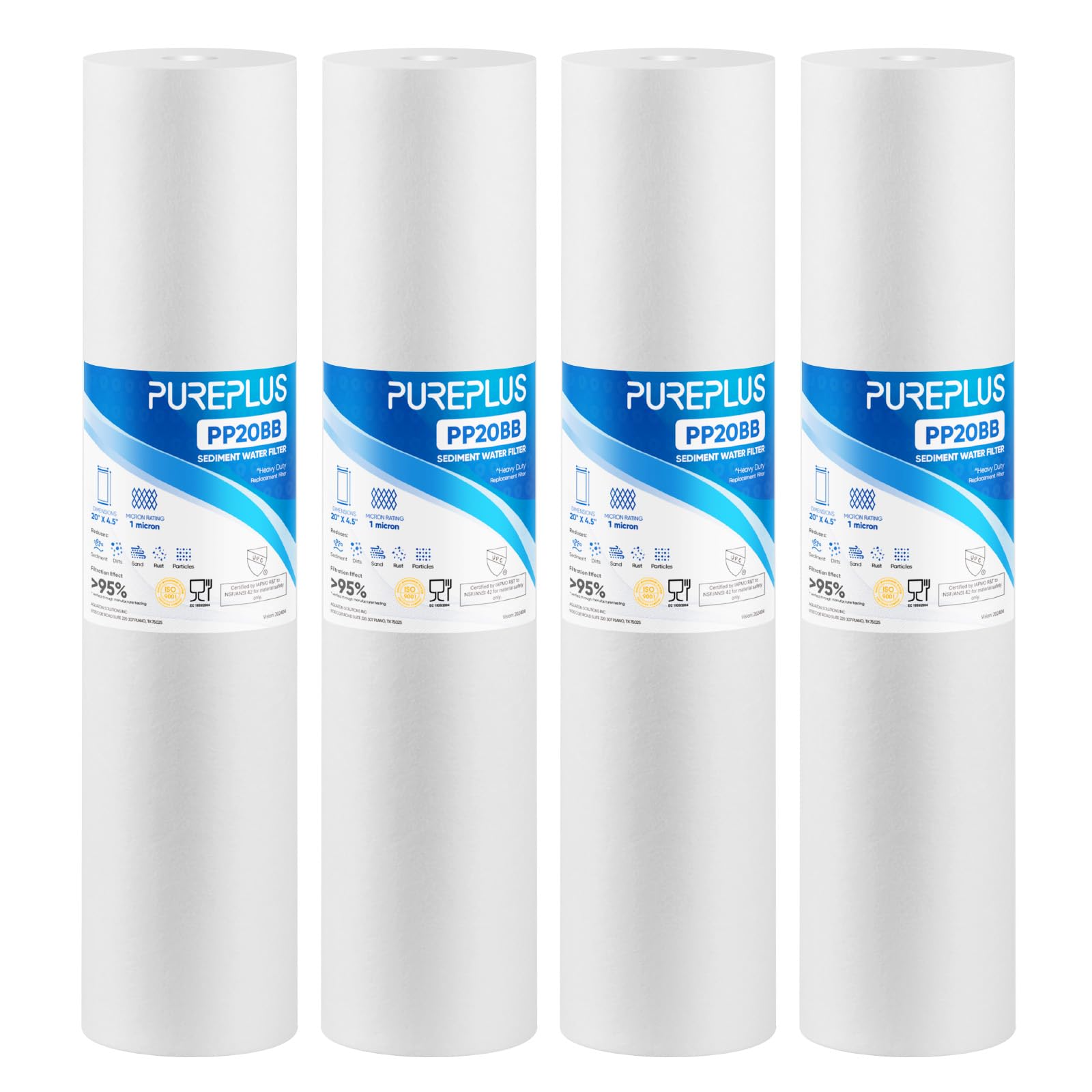 PUREPLUS 1 Micron 20" x 4.5" Whole House Sediment Home Water Filter Replacement Cartridge, Compatible with DGD-2501-20, AP810-2, P1-20BB, FP25B, FPMB-BB1-20, SDC-45-2001, 4 Pack