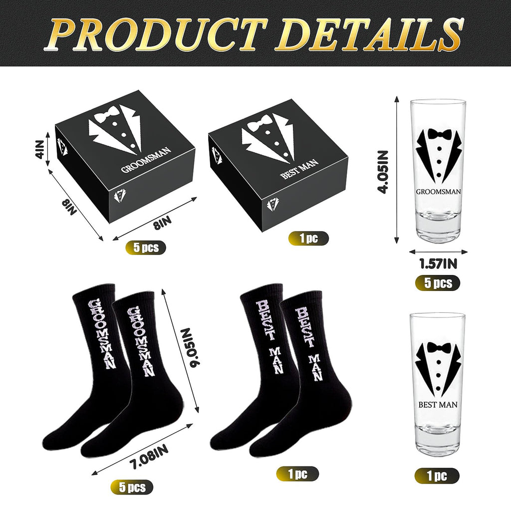 Mhoel 36Pcs Groomsmens Gifts Set of 6,Best Man Groomsmen Proposal Box Gifts,2oz Shot Glasses,Oxford Bags,Black Sunglasses,Bottle Openers,Socks,Proposal Boxes,Wedding Bachelor Party for Groomsmens