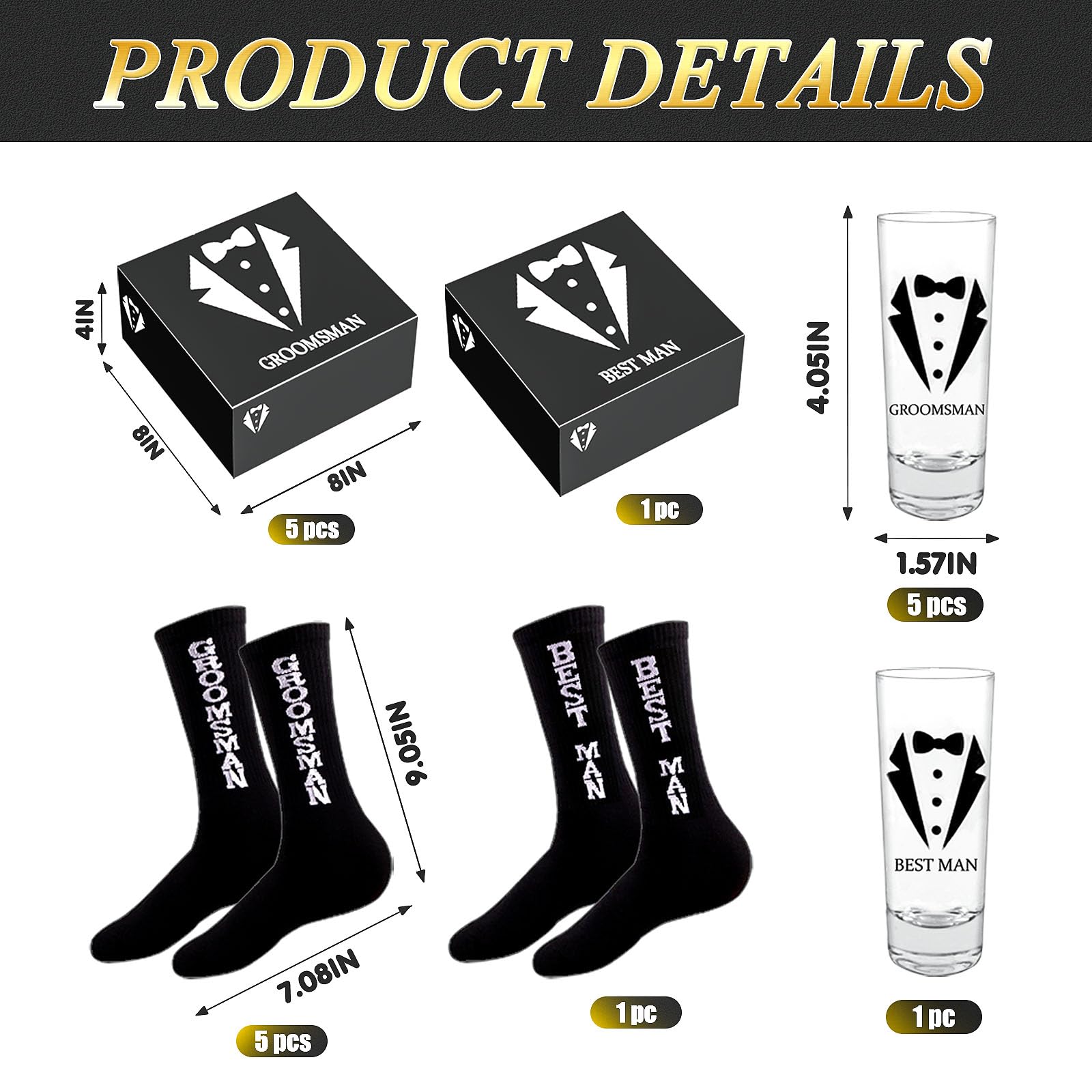 Mhoel 36Pcs Groomsmens Gifts Set of 6,Best Man Groomsmen Proposal Box Gifts,2oz Shot Glasses,Oxford Bags,Black Sunglasses,Bottle Openers,Socks,Proposal Boxes,Wedding Bachelor Party for Groomsmens