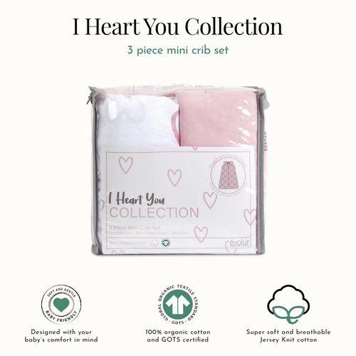 Evolur Baby Pink and Heart Print 3 Piece Mini Crib Bedding Set, Machine Washable, Soft and Breathable Toddler Bedding Set, Includes Fitted Sheet, Comfortor and Crib Skirt