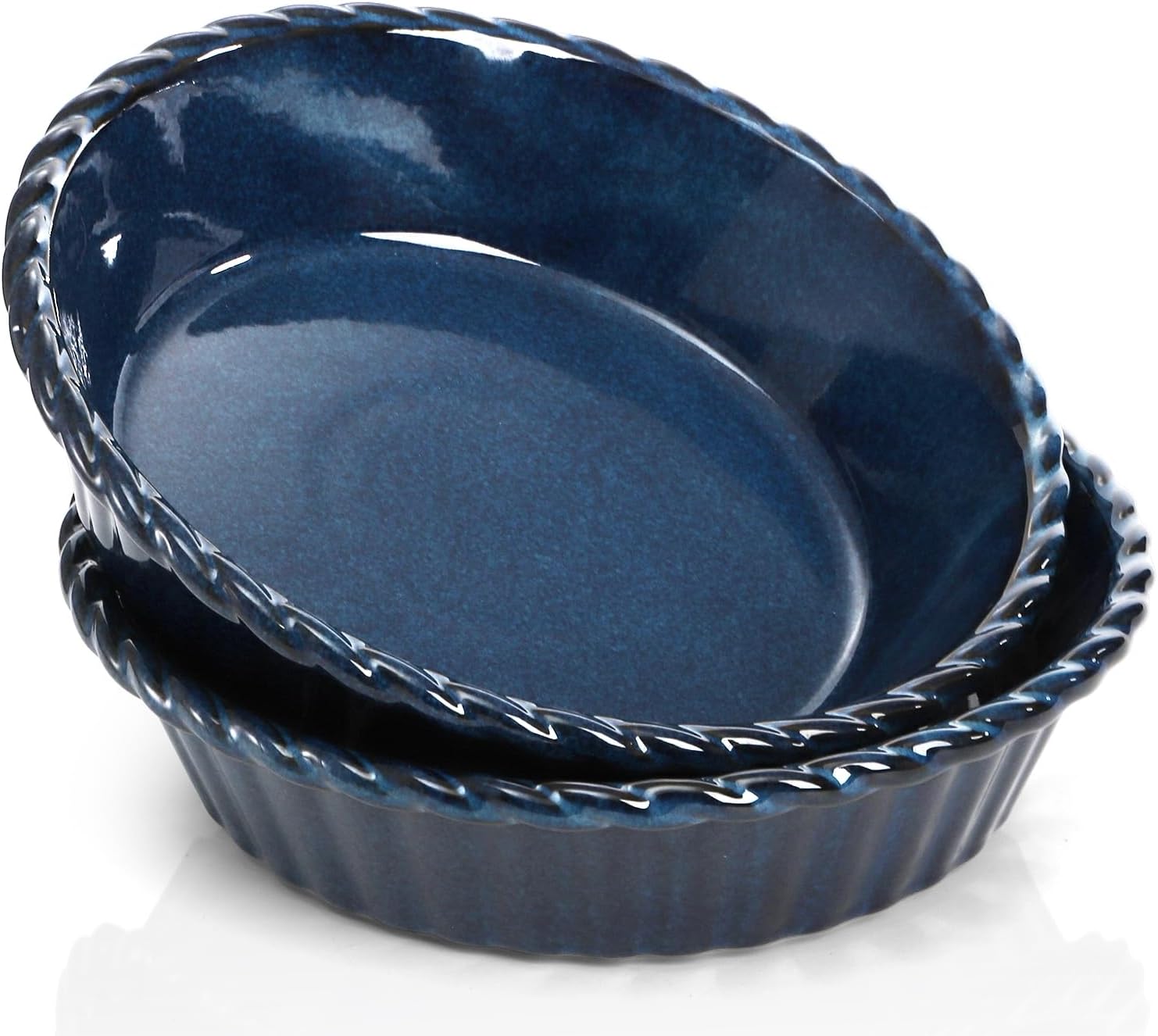 Peohud 10-Inch Deep Fluted Ceramic Pie Pans - 2 Pack Round Baking Dishes for Quiche & Pies | Blue