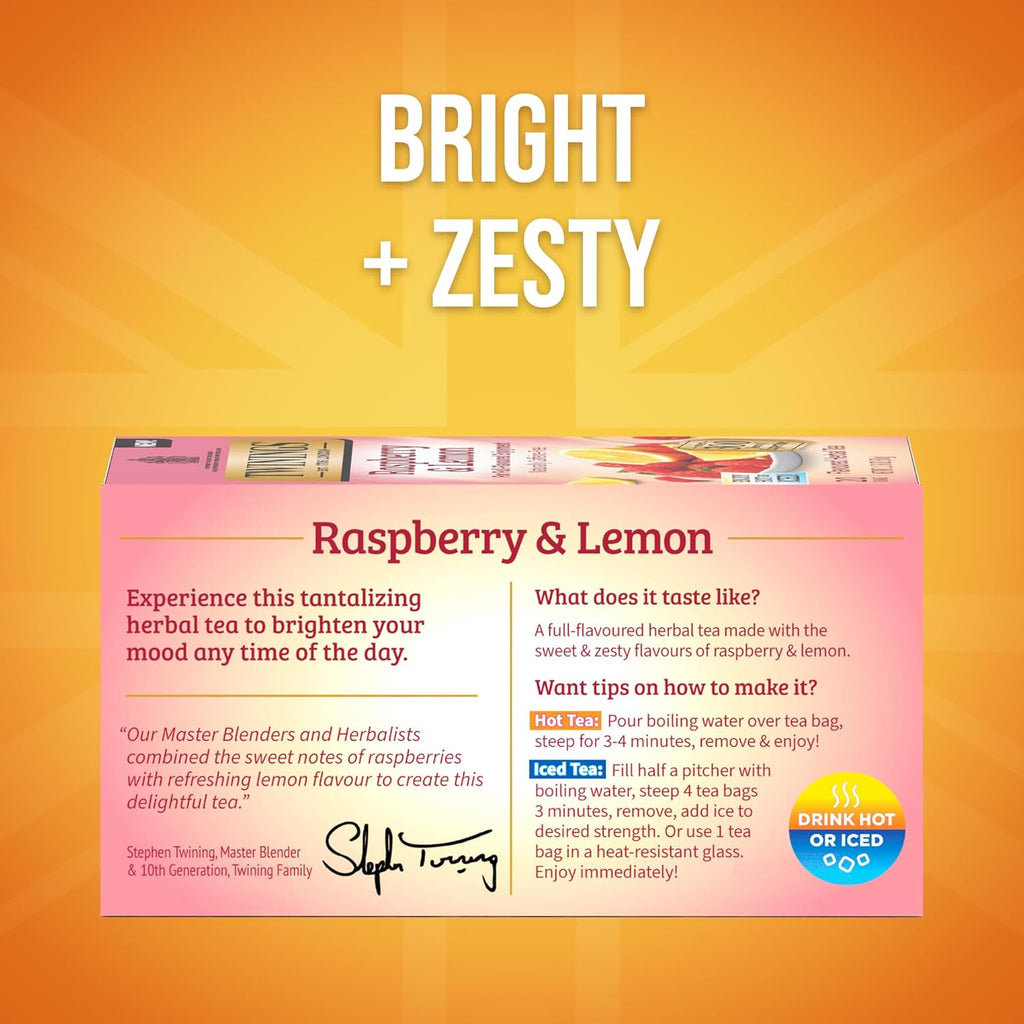 Twinings Raspberry & Lemon Herbal Tea - Refreshing Unsweetened Flavor | 20 Individually Wrapped Bags