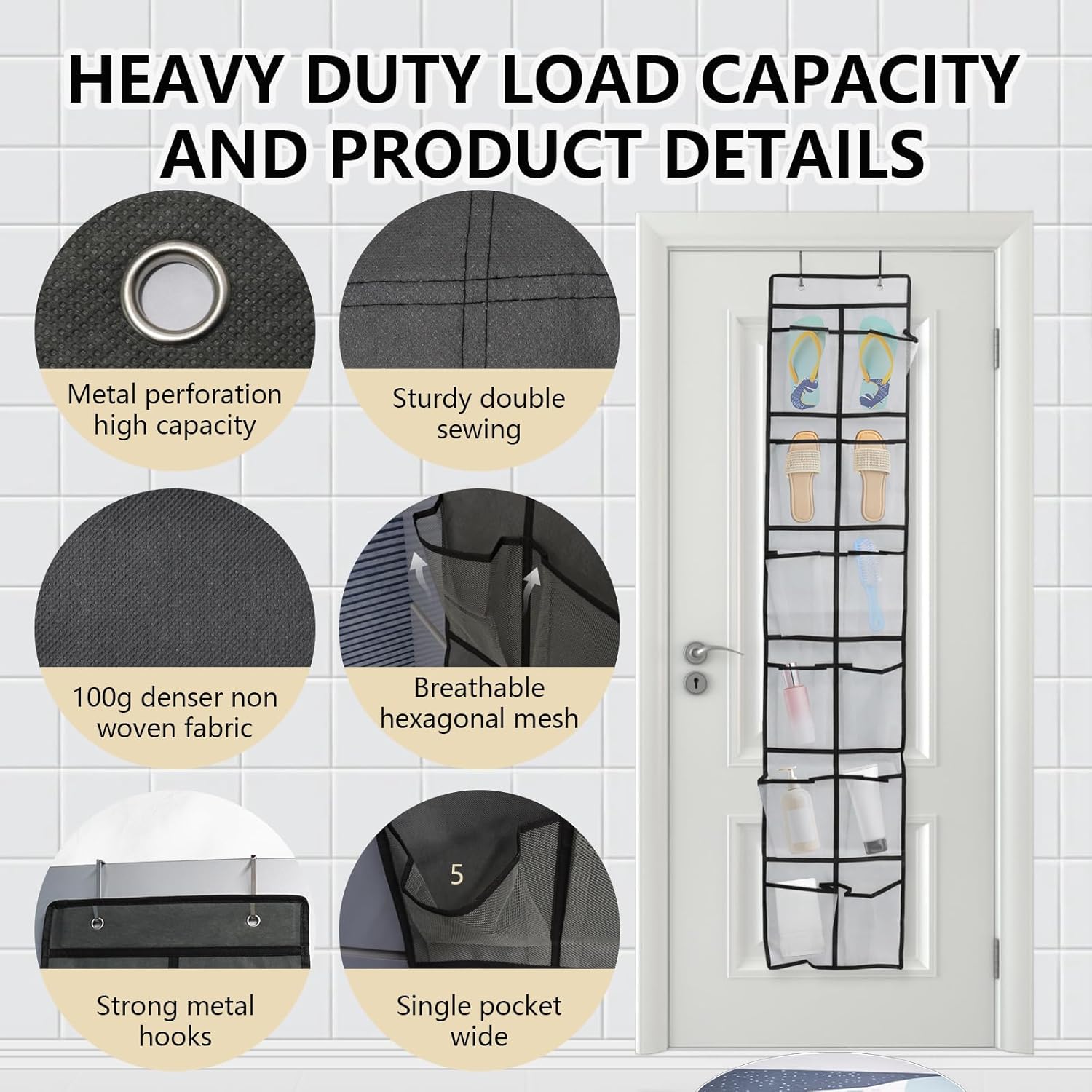 Over The Door Shoe Organizer - 12 Mesh Pockets with 4 Metal Hooks | Space-Saving Design (White)
