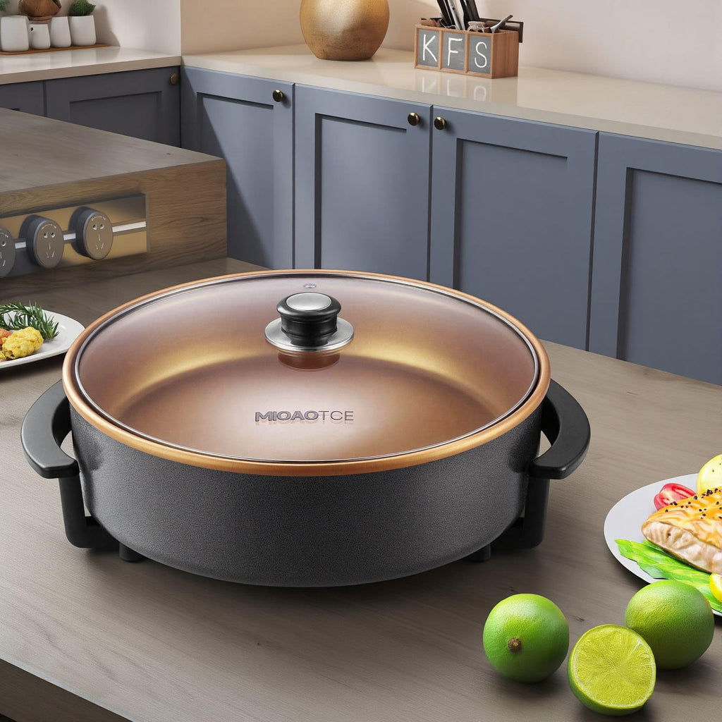 MIOAOTCE 14" Large Electric Skillet with lid, Ceramic Nonstick Coating Electric Frying Pan, 1500W Quick & Even Heating, 5 Adjustable Temperature Control, Tempered Glass Lid & Cool-Touch Handles