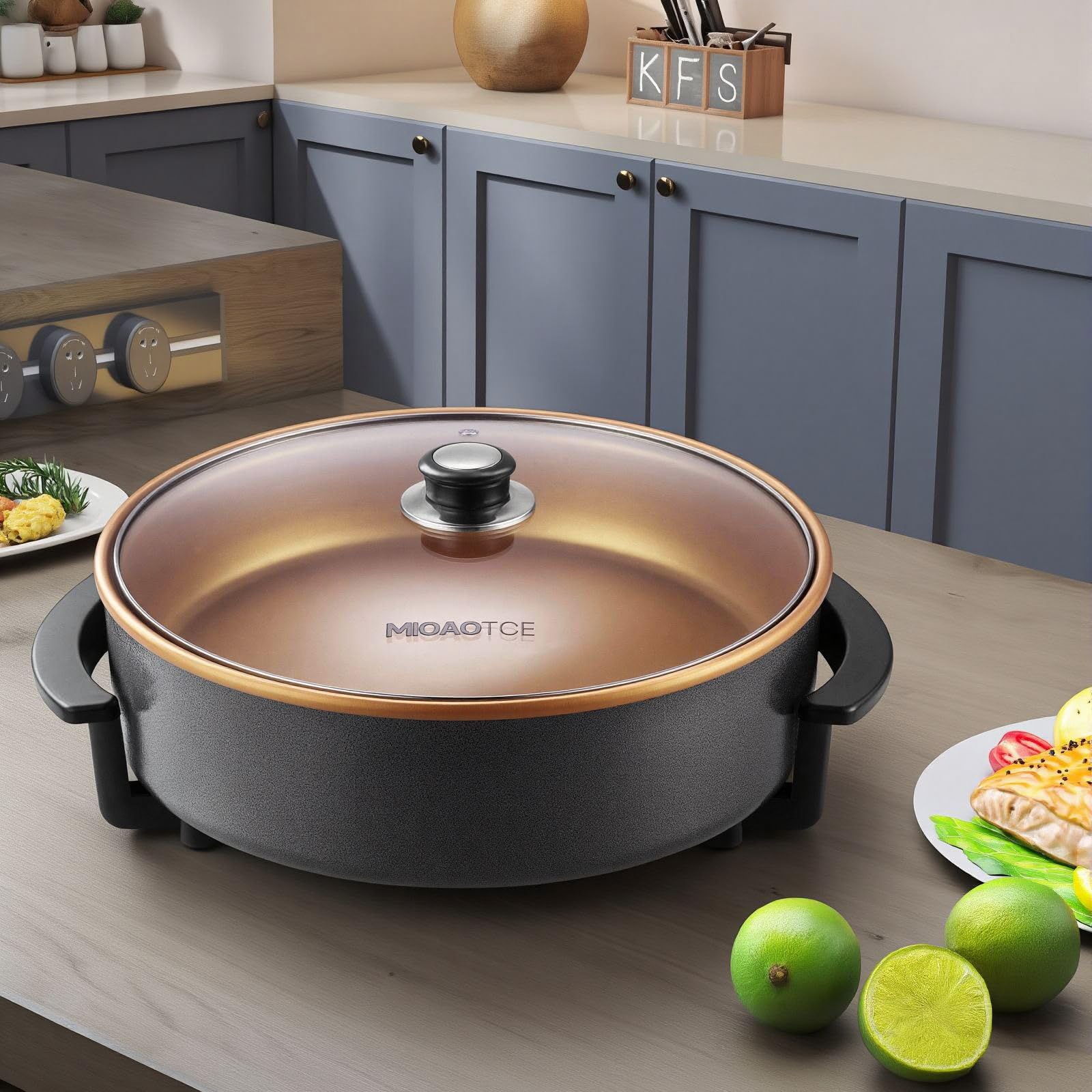 MIOAOTCE 14" Large Electric Skillet with lid, Ceramic Nonstick Coating Electric Frying Pan, 1500W Quick & Even Heating, 5 Adjustable Temperature Control, Tempered Glass Lid & Cool-Touch Handles