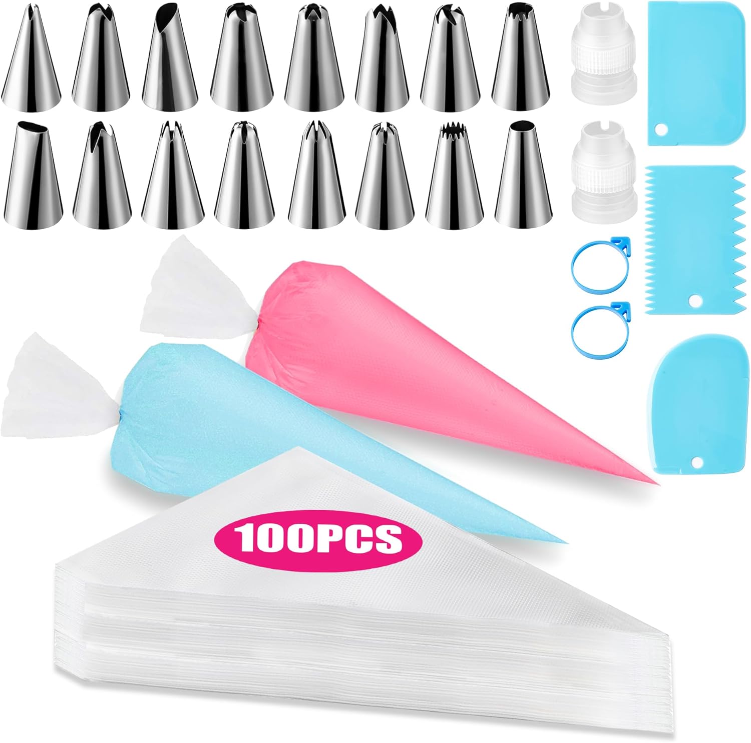 Skiennix Piping Bags and Tips Set - 100pcs 16 Inch Pastry Bags with 16 Tips & Cake Scrapers