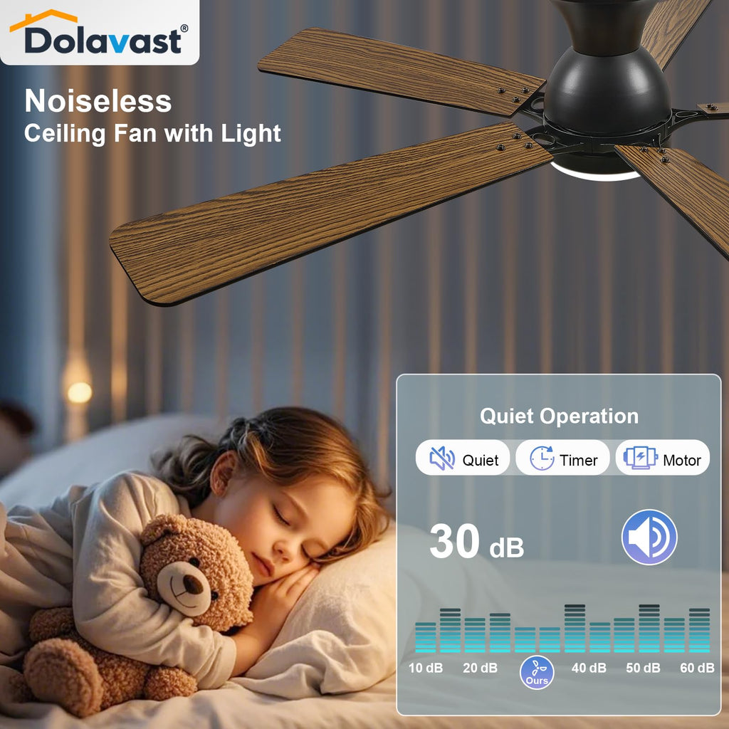 Dolavast Ceiling Fans with Lights, 52 Inch Low Profile Ceiling Fan with Light and Remote Control, Flush Mount, Reversible, 3CCT, Dimmable LED, Quiet, Black Ceiling Fan for Bedroom, Living Room