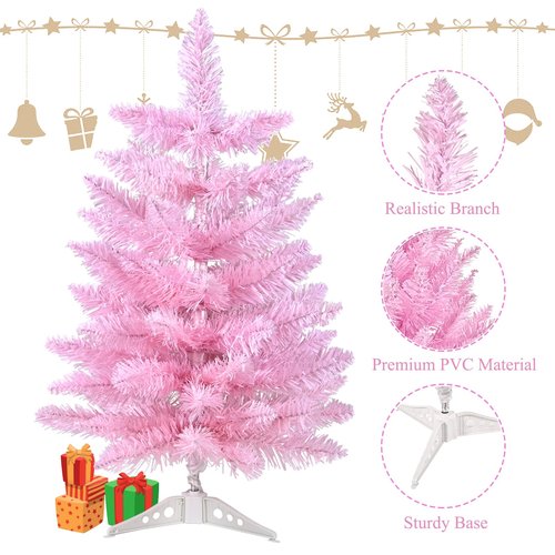 Gloreyan 2FT Artificial Christmas Tree Pink Tabletop Christmas Tree with Plastic Stand Mini Xmas Pine Tree for Party Supplies Indoor Outdoor Holiday Home Decoration (Pink)