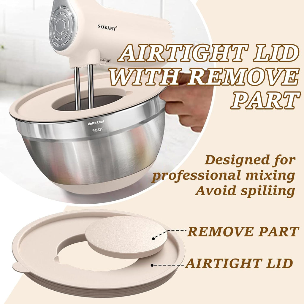 Umite Chef Mixing Bowls Set - 8PCS Stainless Steel Nesting Bowls with Airtight Lids & Grater | Non-Slip Bottoms, 1.5QT to 5QT
