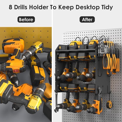 CCCEI Modular Power Tool Organizer - Wall Mount Charging Station for 8 Cordless Drills | Black Utility Rack with Hooks
