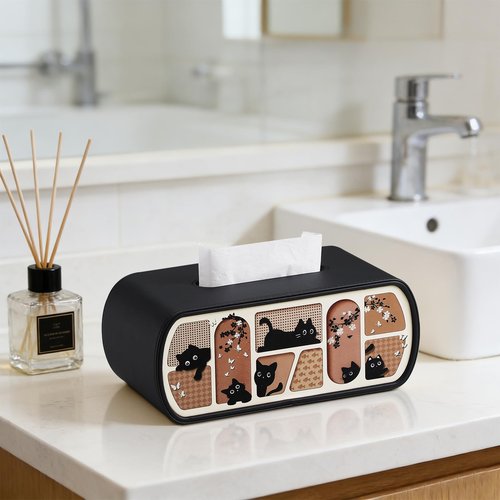 MEIBOOCH Cat-Themed Tissue Box Cover with Curved Edge, Rectangle Tissue Box Holder for up to 4 Inches High Boxes (Black)