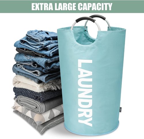 DOKEHOM Large 82L Laundry Basket - Collapsible Freestanding Hamper in Light Blue