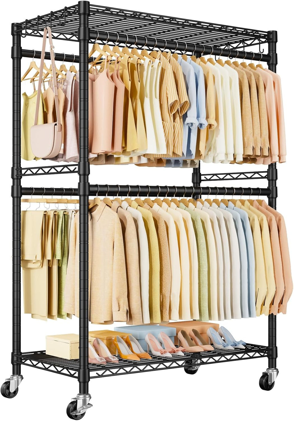 ULIFHOME Heavy Duty Rolling Clothes Rack - Portable Free Standing Garment Rack with Wheels, Black 45"W × 20.5"D × 80.5"H, Max Load 570 lbs