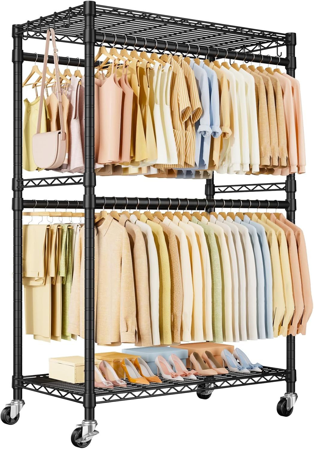 ULIFHOME Heavy Duty Rolling Clothes Rack - Portable Free Standing Garment Rack with Wheels, Black 45"W × 20.5"D × 80.5"H, Max Load 570 lbs