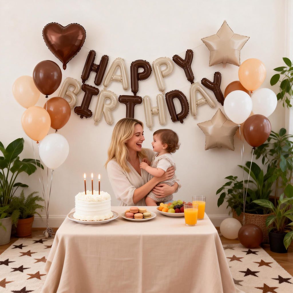 29PC Cream Brown Happy Birthday Balloon Banner, 16Inch 3D Aluminum Letter Banner Sign, Brown Apricot Dusty Ivory White Balloon 18 Inch Star Heart Foil Balloon for Women, Men Party Supply