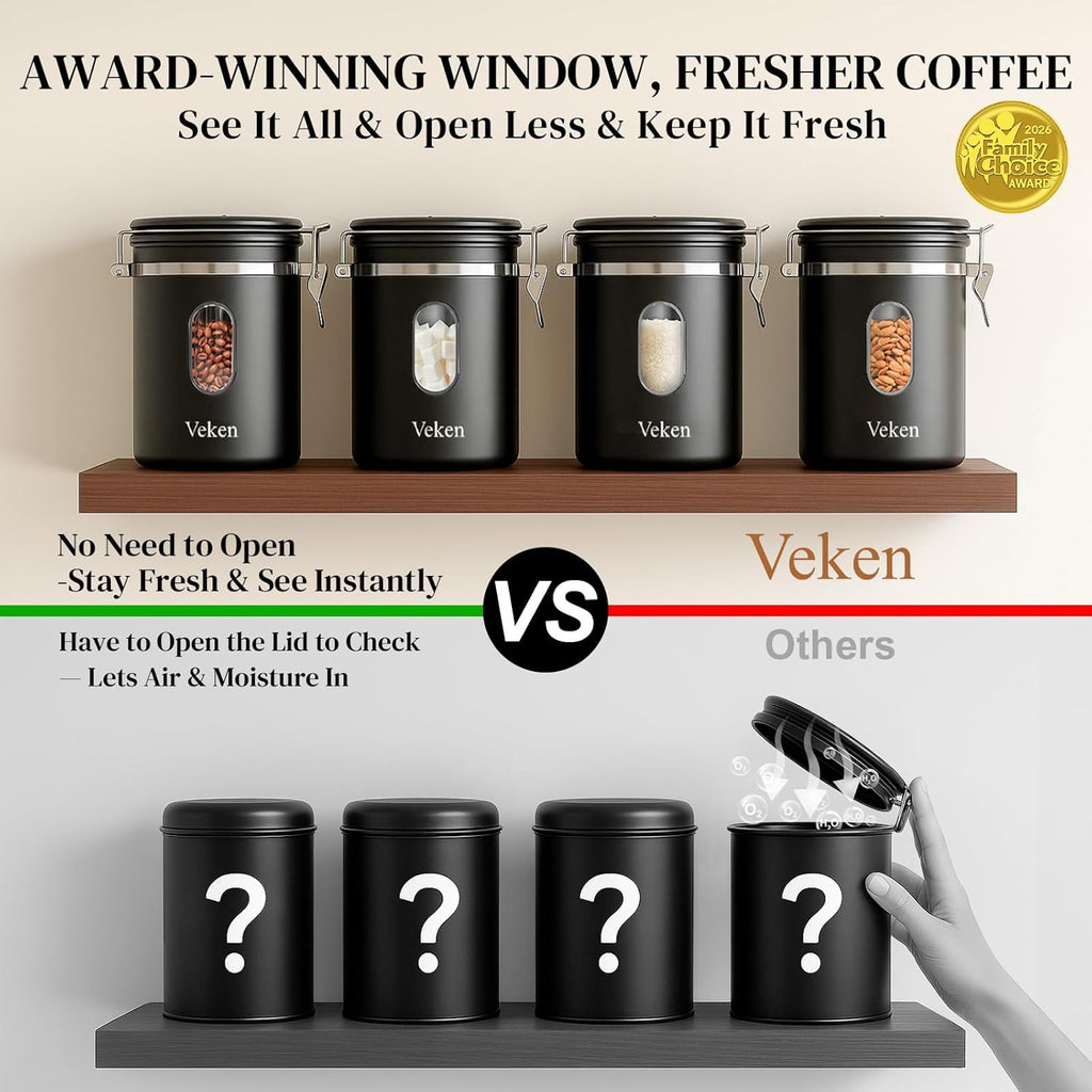 Veken Coffee Canister - Airtight Stainless Steel Storage Container with Window | 22oz Black