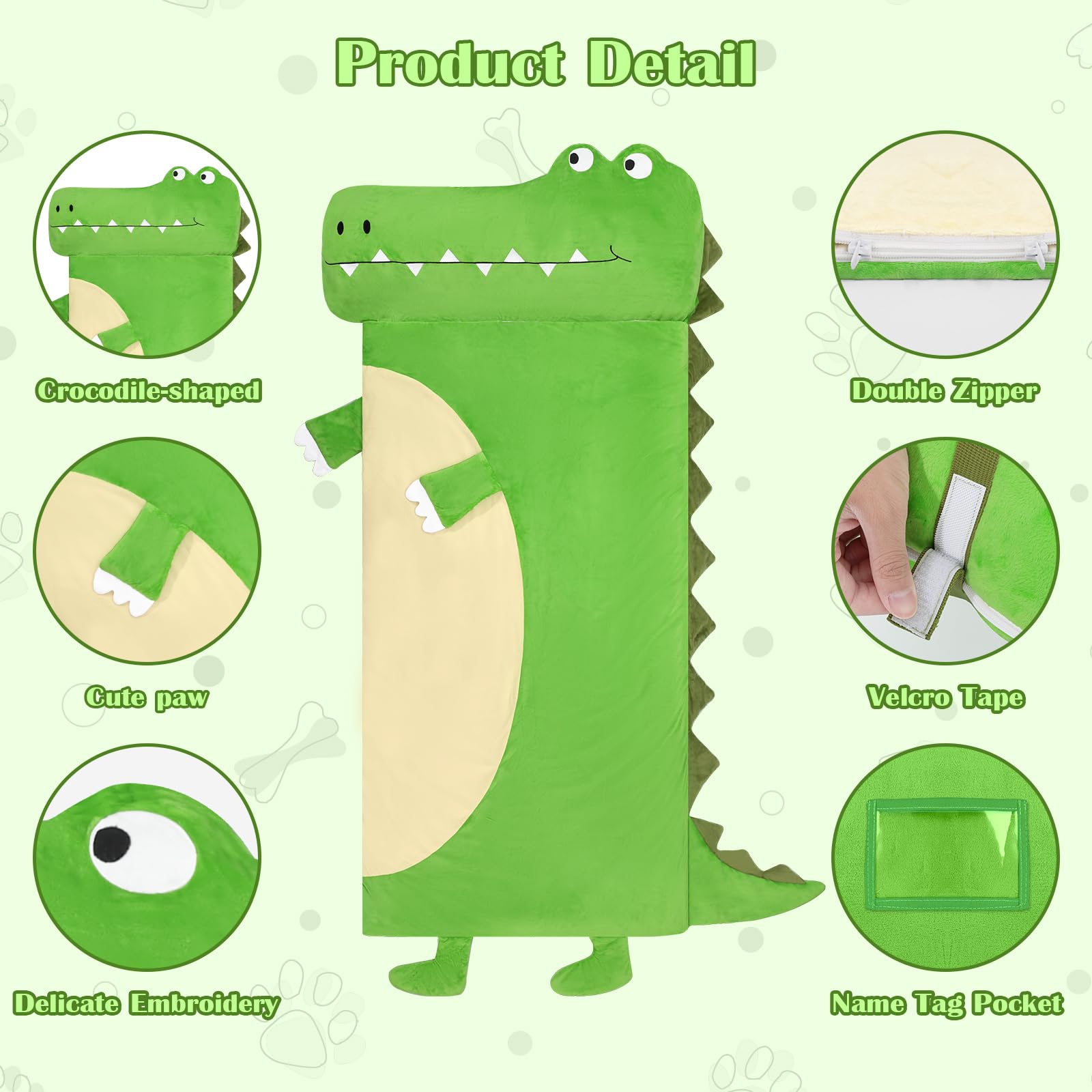 Toddler Nap Mat,Crocodile Kids Sleeping Bag 67‘’×27‘’,Extra Large Slumber Bag Thick with Removable Pillow for Girls Boys,Soft Plush Roll Up Sleeping Mat Lightweight for Preschool,Daycare,Travel,Green