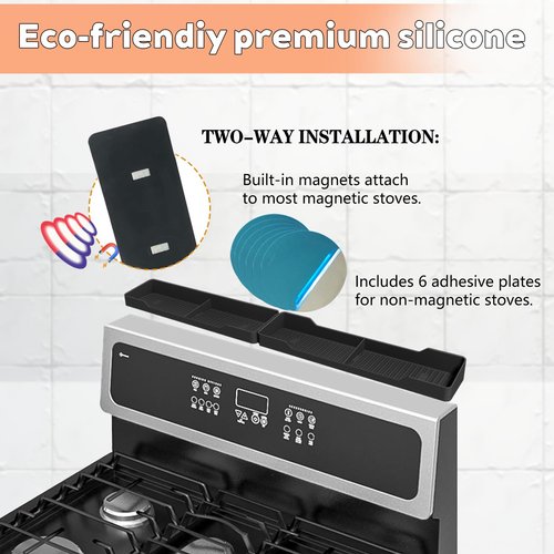 BoBoWalk 30 Inch Magnetic Silicone Stove Top Shelf, Heat Resistant Spice Rack for Kitchen, Space Saving Organizer with 6 Sticky Pads, Fits Back of Stove（Black 30''x3.8''）
