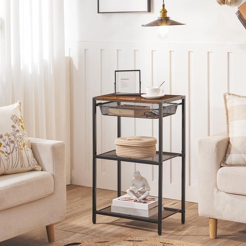 HOOBRO 28.7 Inch Tall Side Table, 3-Tier Industrial Telephone End Table with Adjustable Metal Mesh Basket, Desk Side Table with Storage Shelves, for Living Room, Bedroom, Rustic Brown BF06DH01