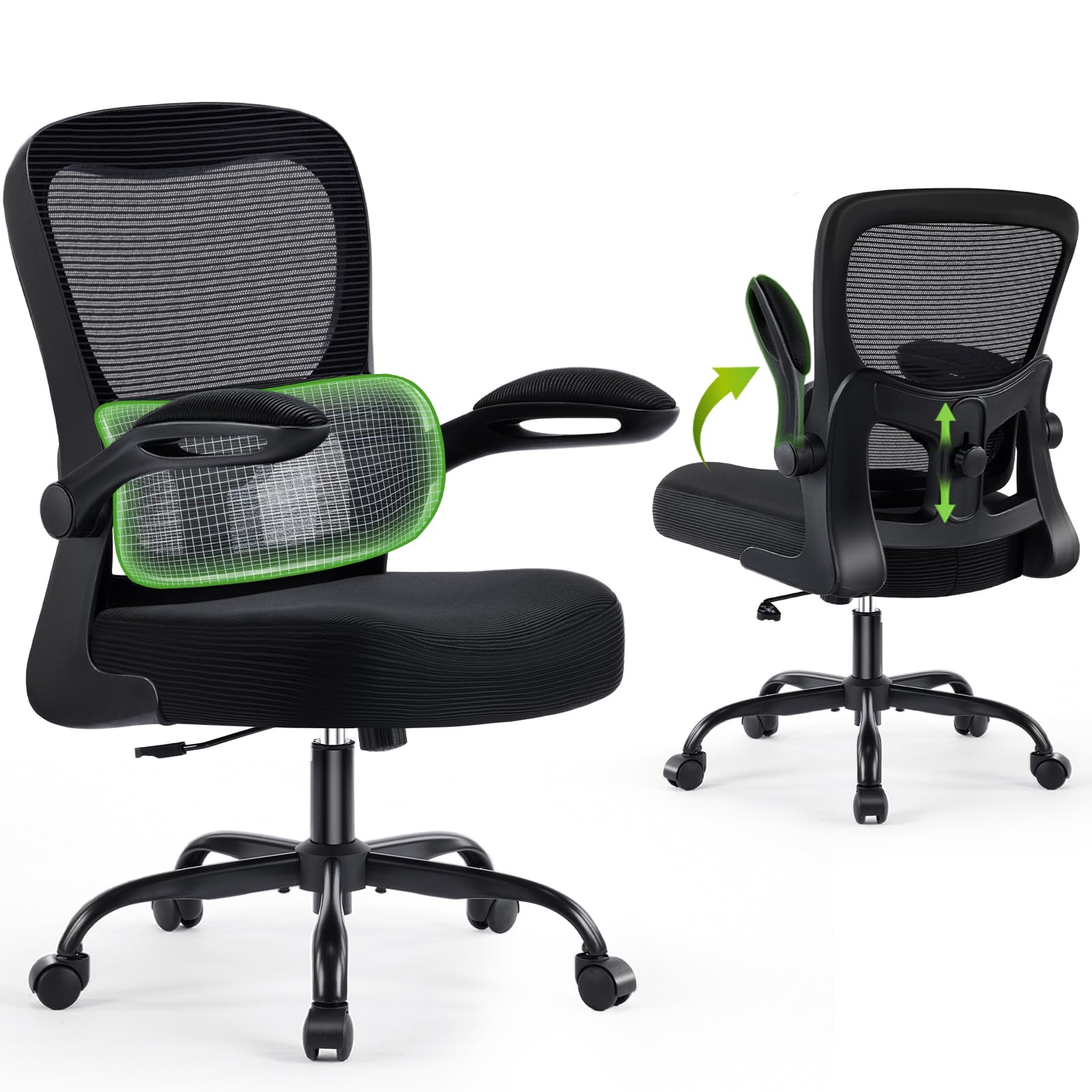 AreShark Office Chair Ergonomic Desk Chairs with Adjustable Lumbar Support, High Back Breathable Mesh Chair with Wheels& Flip-up Armrests,Rolling Swivel Comfy Task Computer Chair for Home Work Gaming