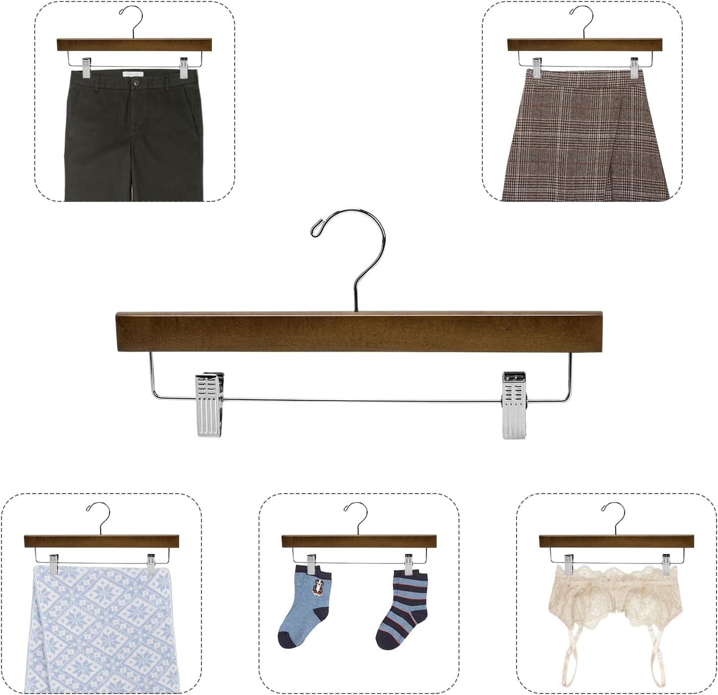 Nature Smile Wooden Trousers Hangers with Clips - 10 Retro Style Pants Holders