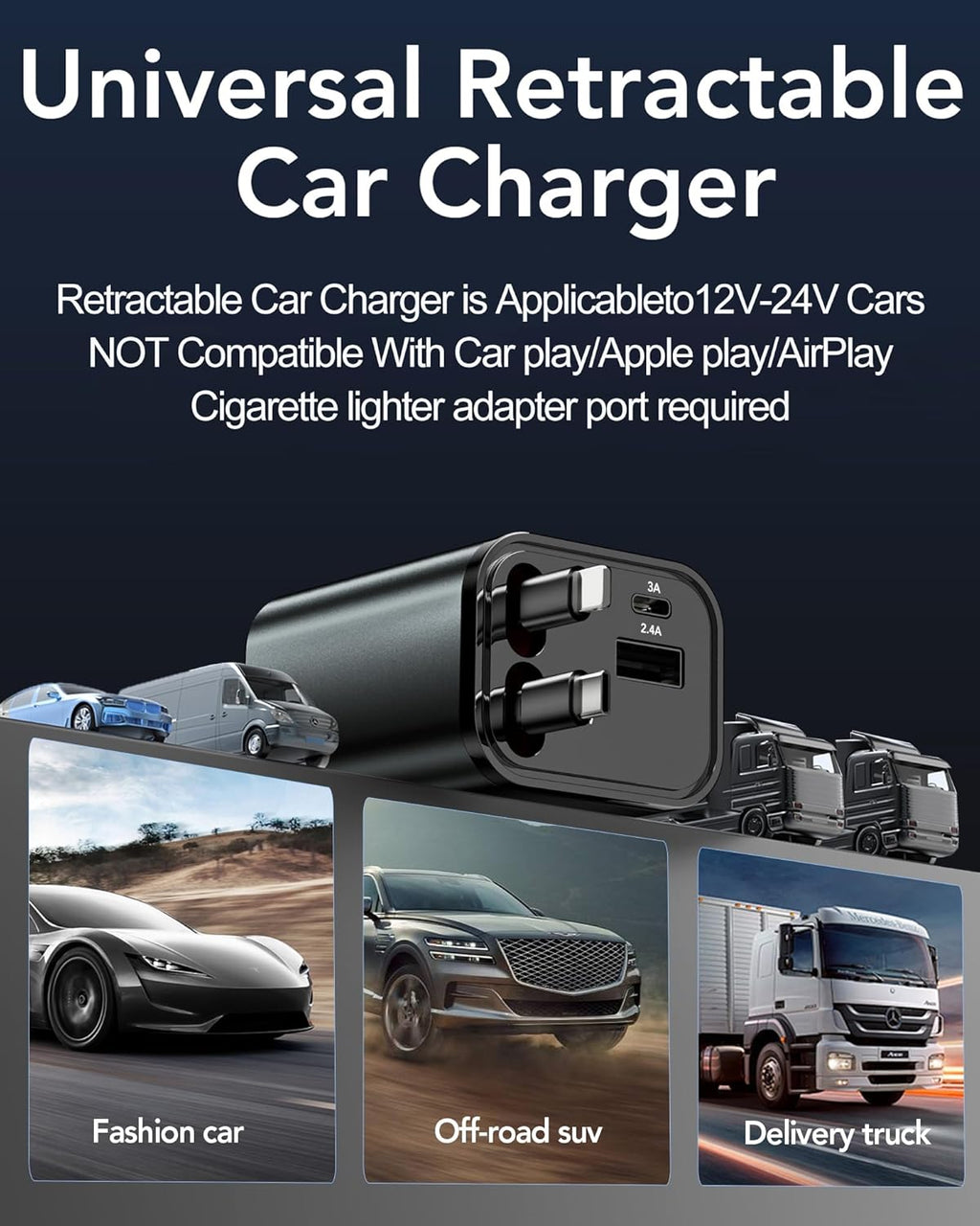 Skiennix Retractable Car Charger - 69W USB-C Fast Charging Adapter | Essential Road Trip Accessory for iPhone & Galaxy