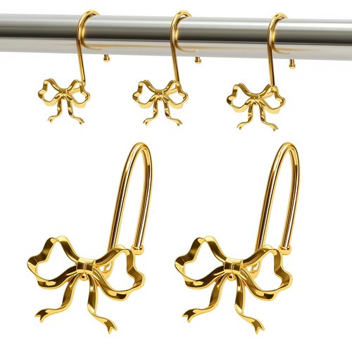Kreapa Gold Bow Shower Curtain Hooks, 12 Pcs Metal Gold Shower Curtain Hooks for Bathroom Decor, Elegant and Rustproof, Suitable for Standard Showers Curtains Rods