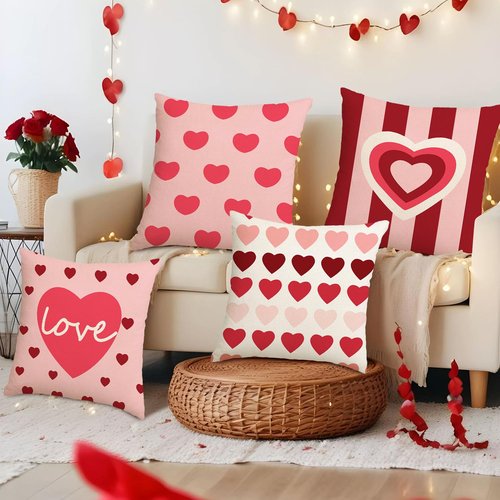 Yjunue Valentine's Day Love Heart Red Pink Throw Pillow Covers,18 x 18 Inch Red White Stripes Love Heart Anniversary Wedding Valentine Decoration Cushion Case,Set of 4