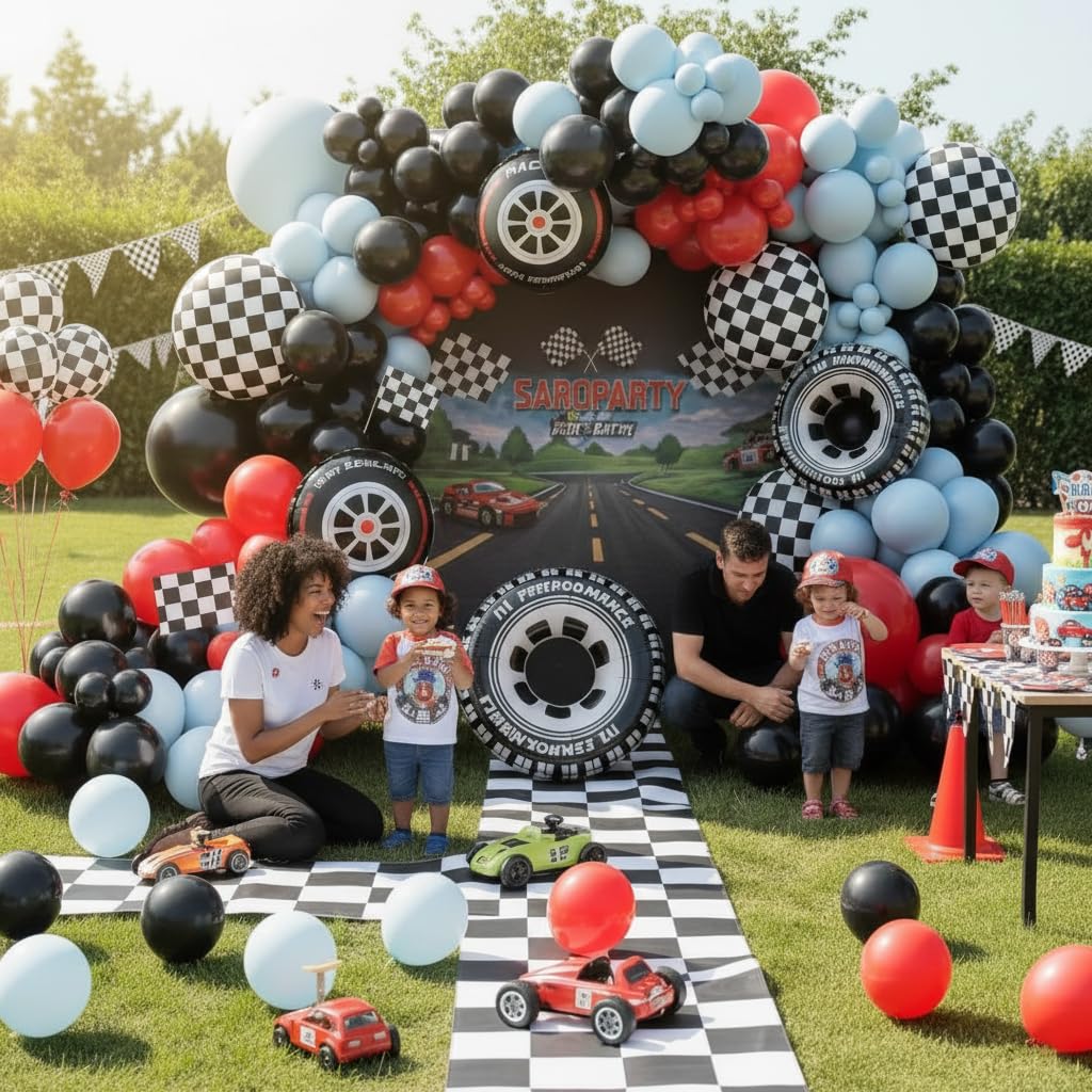 EICUECUE Race Car Balloon Arch Kit - 168Pcs Different Size Balloons Tire Flags Checkered Black Red Blue Balloon Garland Kit for Racing Car Two Fast 2nd Theme Boy Birthday Anniversary Party Decorations