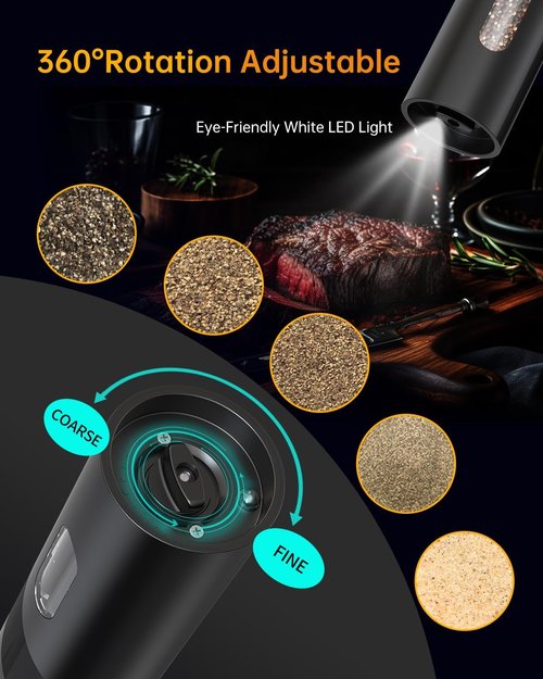 Circle Joy Electric Rechargeable Salt and Pepper Grinder Set - Automatic Mill with Adjustable Coarseness & LED | Easy Fill, Large Capacity
