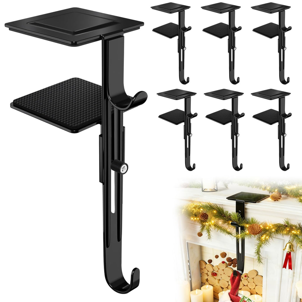 RGJ 6 Pack Christmas Fireplace Stocking and Garland Hanger, 2 in 1 Adjustable Mantle Garland Hanger, No Drill Stocking Holder Hanger for Mantle, Fits Mantles from 0.5" to 3.5" Thick