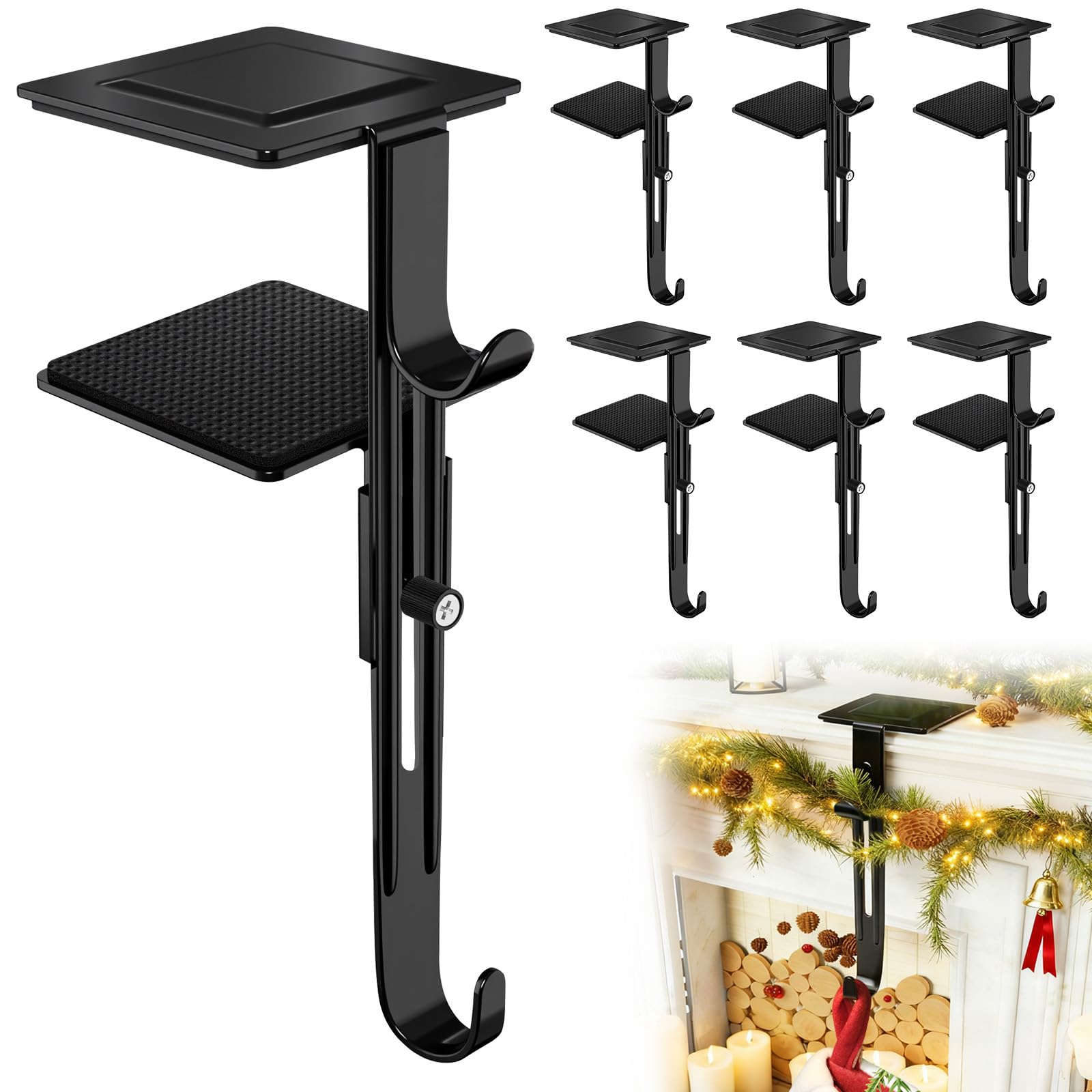 RGJ 6 Pack Christmas Fireplace Stocking and Garland Hanger, 2 in 1 Adjustable Mantle Garland Hanger, No Drill Stocking Holder Hanger for Mantle, Fits Mantles from 0.5" to 3.5" Thick