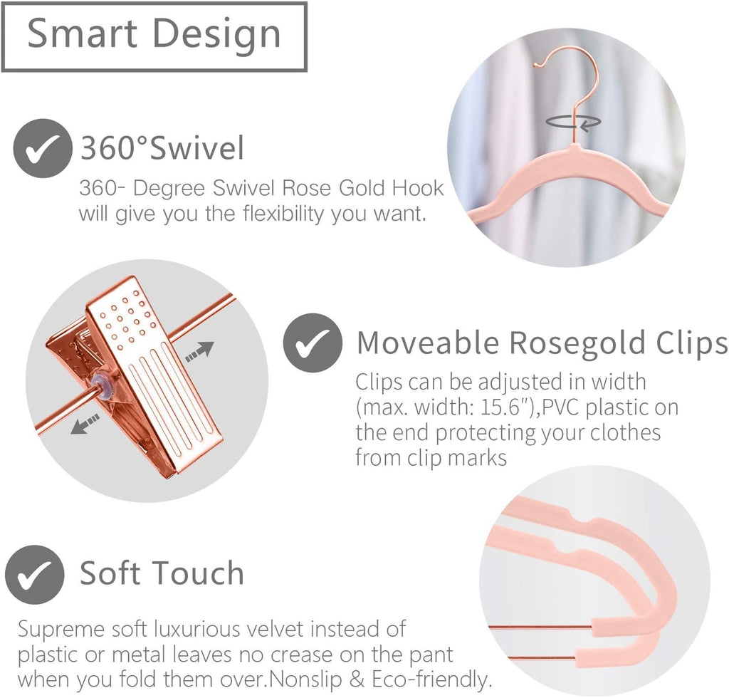 MIZGI Premium Velvet Pants Hangers - Non-Slip Clips for Slim Skirts | Blush Pink with Copper Hooks (Pack of 20)