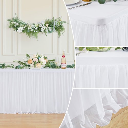 4 Pack White Tulle Tablecloths for 6 Foot Rectangular Tables, 72 x 30 Inch White Rectangle Table Cloth, Wrinkle Free Table Cover with Tutu Skirt for Wedding Birthday Party Banquet Buffet Decorations