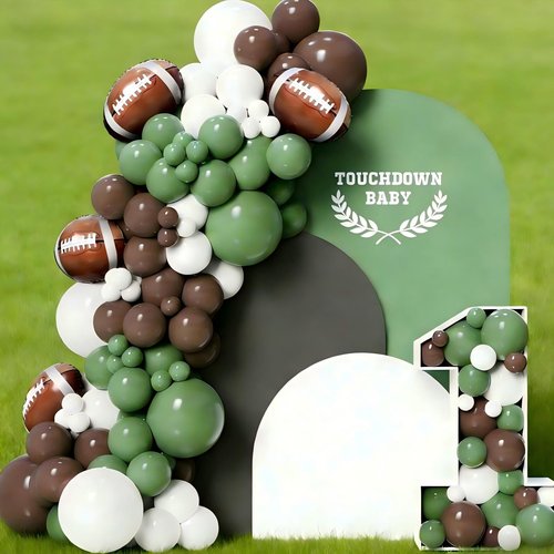 Football Party Decorations Balloon Garland Arch Kit 136Pcs Sage Green White and Coffee Brown Balloons with Football Foil Balloon for Touch Down Football Sport Themed Birthday Party Decorations