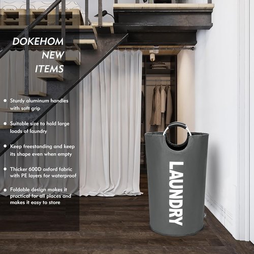 DOKEHOM Large 95L Laundry Basket - Collapsible & Freestanding Clothes Hamper | Dark Grey