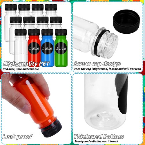 UZLU 165 Pcs 2 oz Small Plastic Juice Bottles with Black Caps Mini Clear Ginger Shot Containers with Tamper Proof Lids Reusable Travel Bottles with Funnels Labels for Juice Milk Water Other Beverages